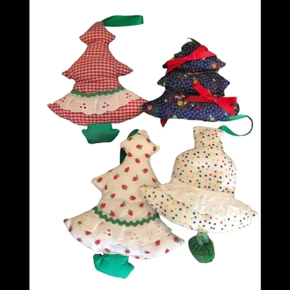 Handmade Farmhouse 7PC Christmas Printed Fabric Plush Hanging Ornaments Boho